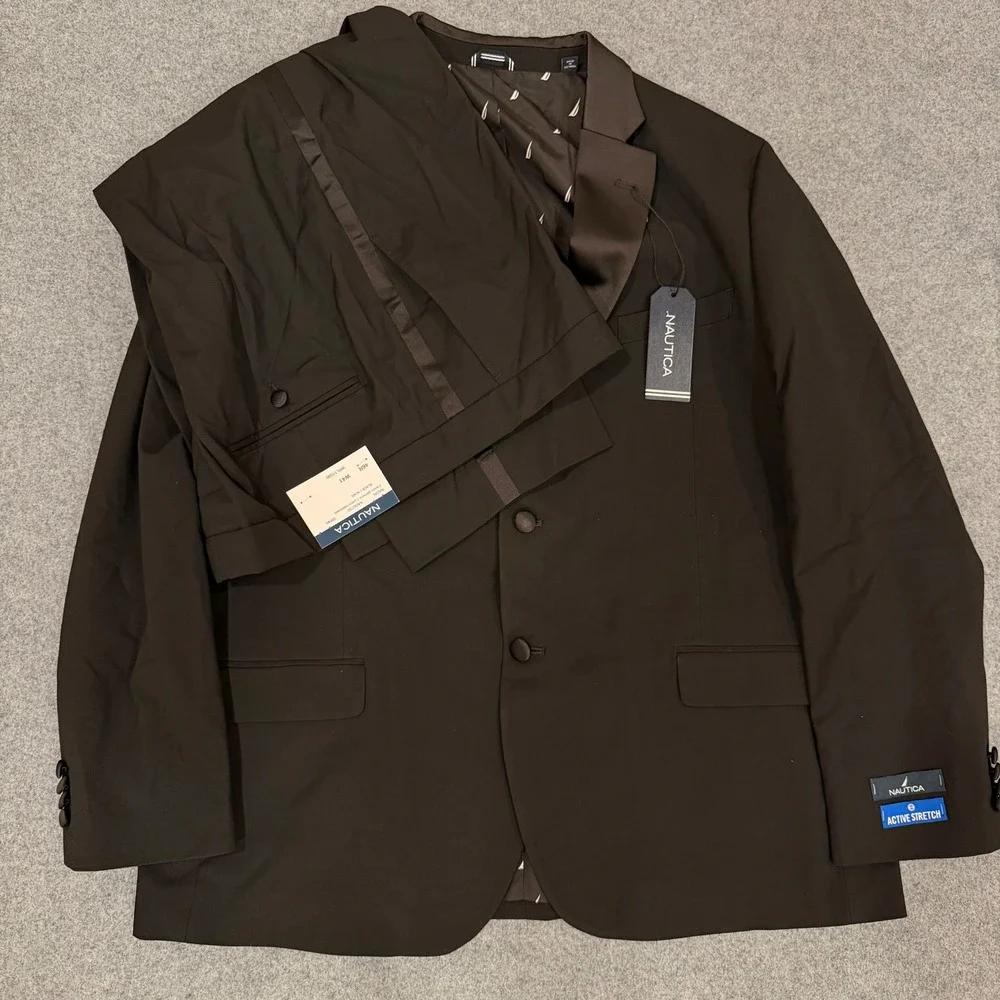 Nautica Nadal Black Tuxedo Suit Set Modern Fit Active Stretch 46R W41 NAS5T00